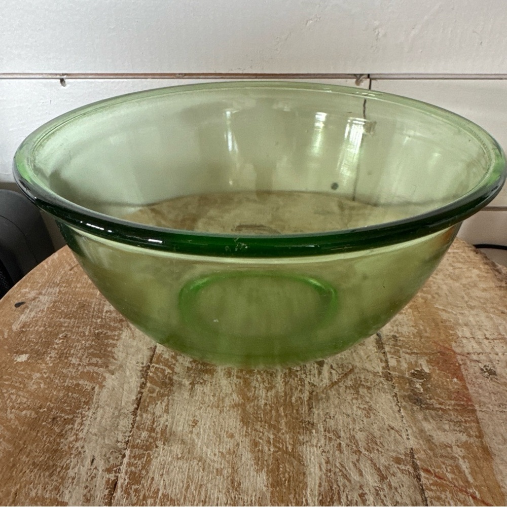 Vintage Hazel Atlas Green Vaseline Glass Mixing Bowl 9”